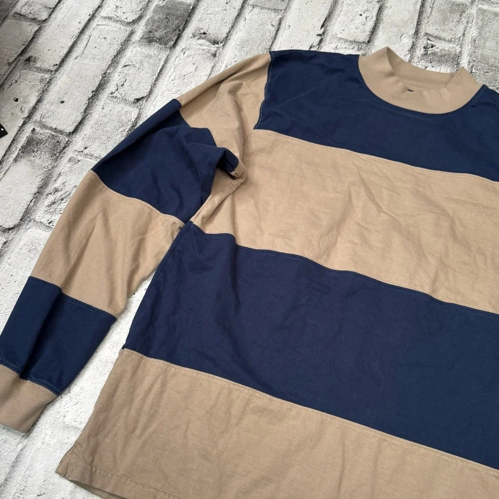 Stussy striped long-sleeve rugby shirt navy and beige Sz Large Men’s - Picture 4 of 12